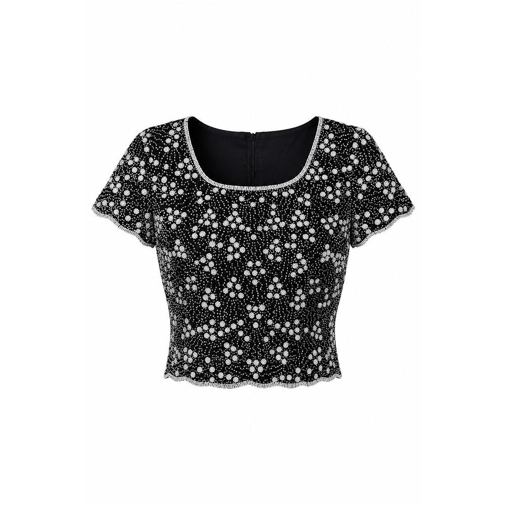Vintage Adrianna Papell Beaded Silk Going Out Top Embroidered Black White Shirt